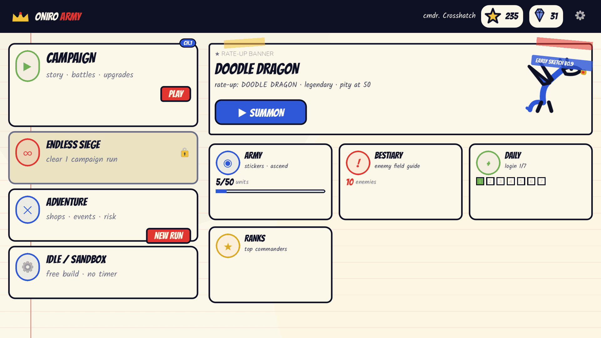 Oniro Army — main menu
